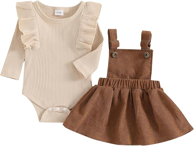 Baby Girl Ruffle Long Sleeve Ribbed Romper Corduroy Suspender Skirt Set 0-18M